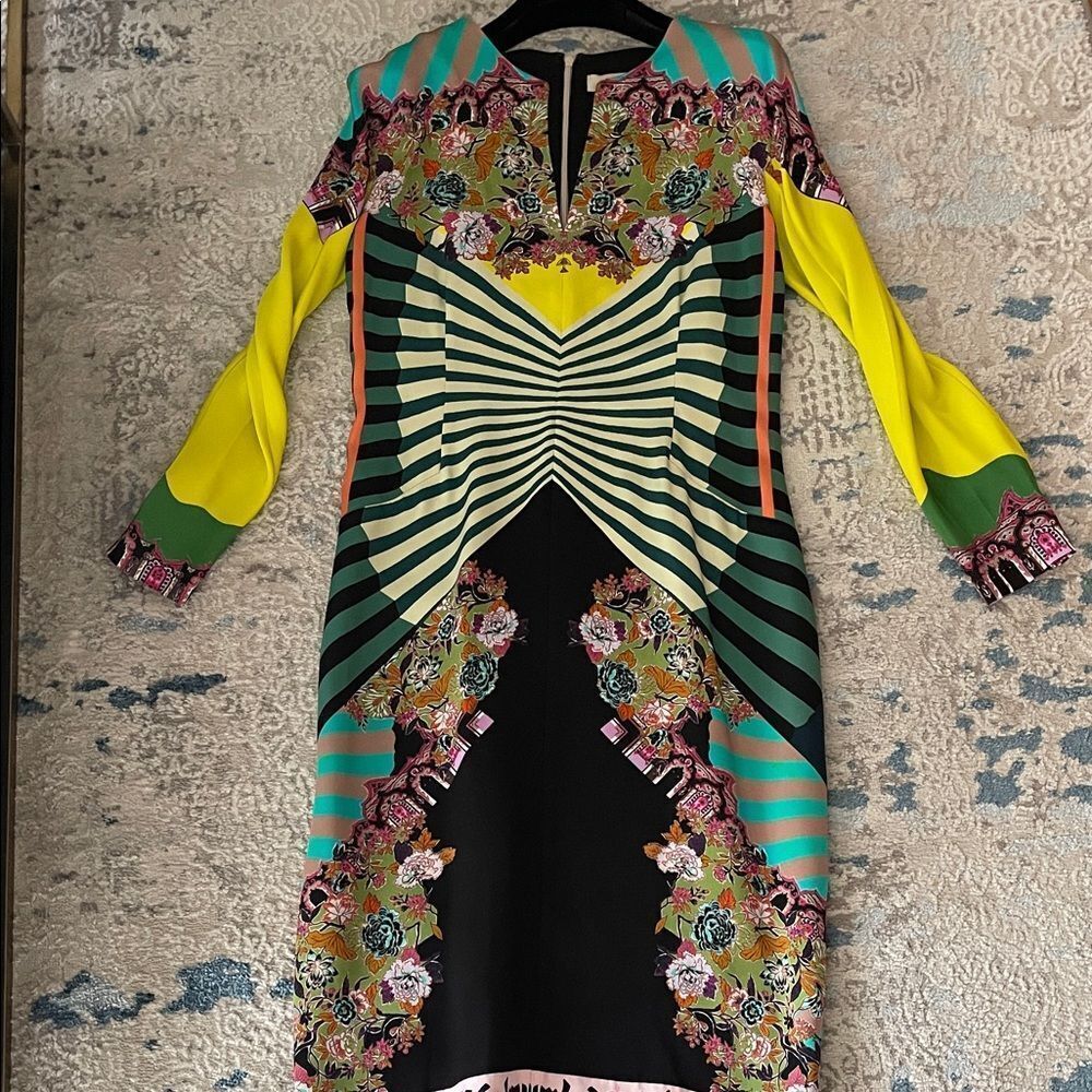 Etro Yellow and Black Geometric Floral Midi Dress